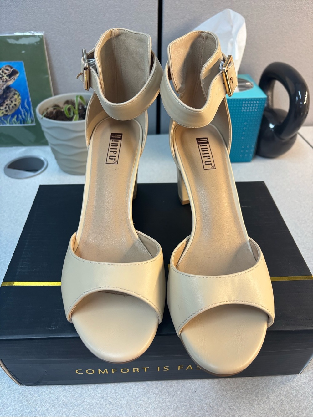 IDIFU Neutral Tan Ankle-Strap Block Heel Sandals